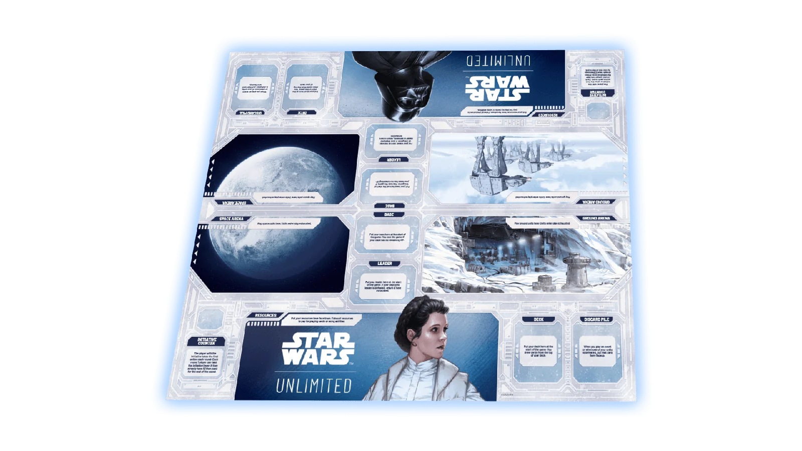 Hoth 官方雙人遊戲板,標示基地、領袖、地面、太空與資源區